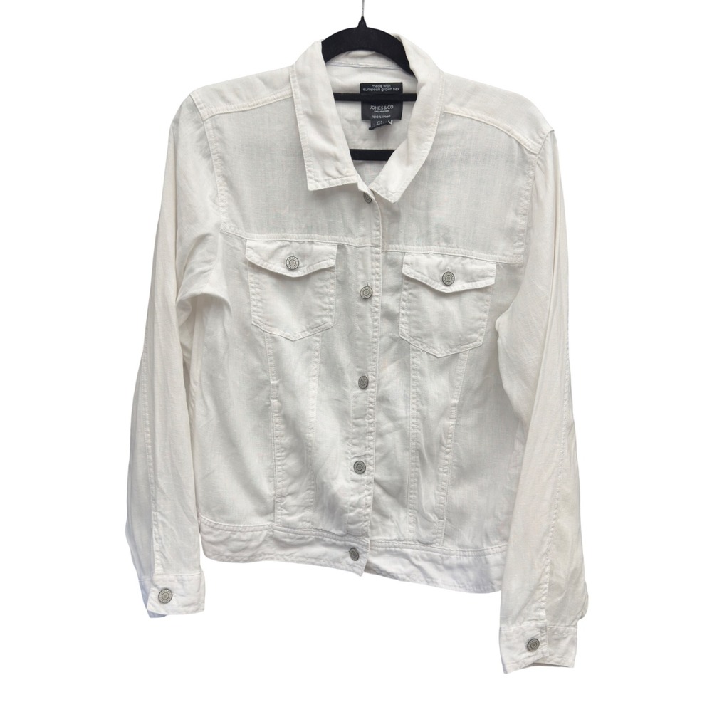 Jones & Co Jones New York White 100% Linen Trucker Jacket Womens Large